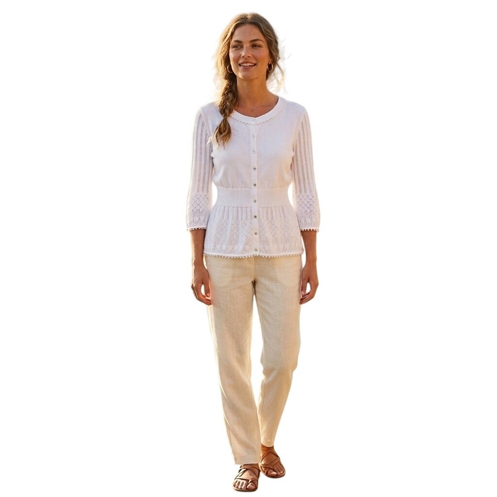 Mango Suit White Pointelle Knit Pom Pom Trim Peplum Cardigan Sz. L Cottage Girly